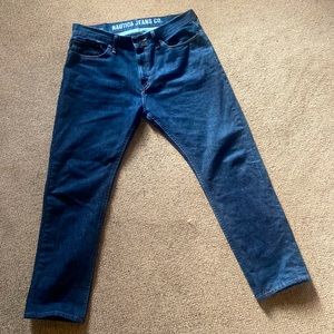 Nautica Jean co.  Men’s jeans. Tapered leg.  Some stretch. Dark blue.
